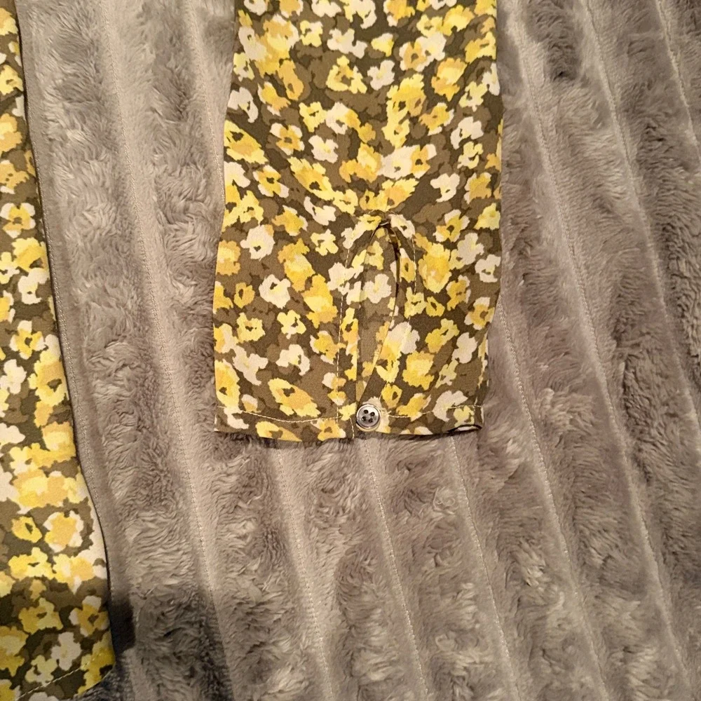 LOFT Womens Yellow Olive Green Floral V-Neck Puff Sleeve Blouse Top M